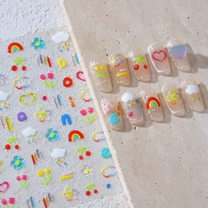 3D Embossed Nail Art Stickers Colorful Cartoon Rainbow Heart Flower Design DIY Manicure Decoration Waterproof Resin