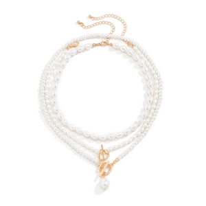 Three-layer faux pearl beaded necklace with gold OT heart clasp and water drop pendant