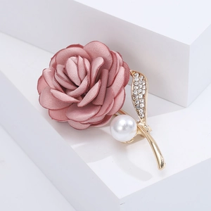 Elegant pink fabric rose brooch with gold leaves, rhinestones and pearl for wedding attire