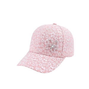 Pink lace baseball cap for women with floral embroidery and rhinestone flower detail