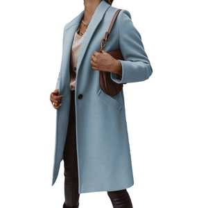 Elegant light blue mid-length lapel wool coat for women featuring a classic button closure