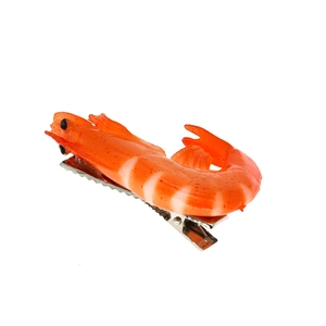Creative shrimp food hair clip with realistic orange resin shrimp on silver metal base