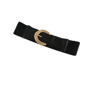 Black elastic waist belt for dresses with vintage gold rope texture buckle on white background