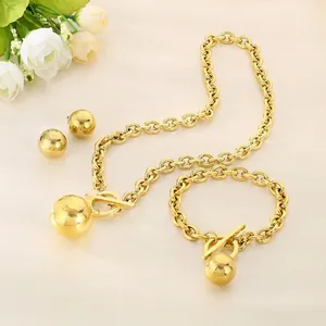 Stainless Steel Necklace Bracelet Earrings Large Hollow Ball Pendant Thick Cable Link Chain Toggle Clasp Punk Jewelry