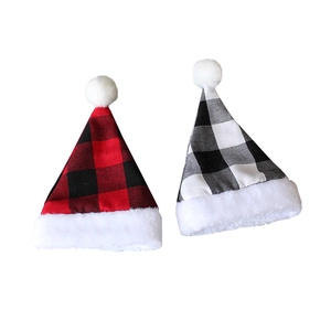 Christmas plaid pet hats with white faux fur trim in red and black checkered patterns