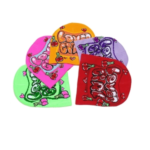 Knitted winter beanies with pixelated cherry and LOVE pattern in five vibrant colors