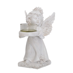 European style white resin angel candle holder with wings and a glass cup for home decor