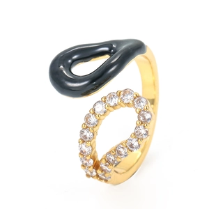 Detailed shot of an 18K gold-plated double-layer open ring with black enamel teardrops