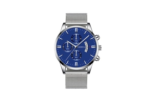 Detail of silver mesh watch strap with blue chronograph dial and date window