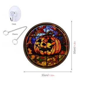 Halloween pumpkin window decor detail with suction hook, metal chain and 30cm size info