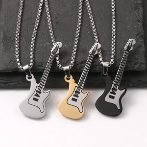Stainless Steel Guitar Pendant Necklace Music Theme Hip Hop Rock Street Style Jewelry For Men