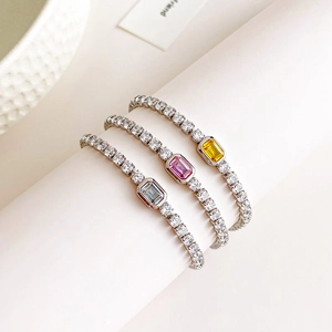 Pulsera Tennis Para Mujer De Acero Inoxidable Con Circón Corte Esmeralda Piedra Principal Colorida Joyería Elegante