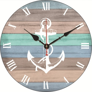 Vintage Nautical Wood Wall Clock Silent Round Beach Sea Theme Decorative Timepiece For Living Room Home Office Decor