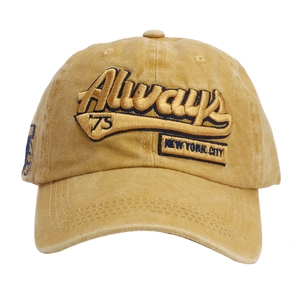 Detail of vintage washed mustard yellow baseball cap with 3D Always embroidery