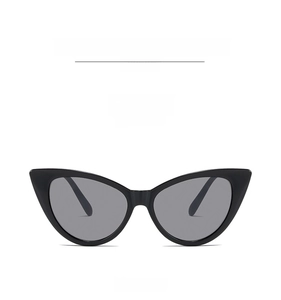 Front view of black cat eye sunglasses with grey lenses on a white background
