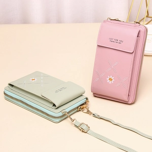 Women Vertical PU Leather Mobile Phone Bag Sweet Daisy Embroidered Crossbody Bag Multifunctional Small Shoulder Wallet Purse