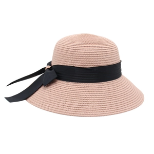 Elegant pink straw sun hat with black satin bow for women, beach vacation style