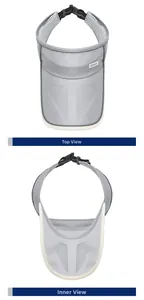 Detail of grey mesh sun visor showing breathable fabric and adjustable plastic buckle