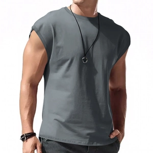 Detailed front view of men's dark grey slim fit sleeveless t-shirt on a model