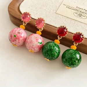 Vintage Palace Style Ceramic Resin Round Bead Drop Earrings With Silver Earring Post Retro Luxury Jewelry For Women