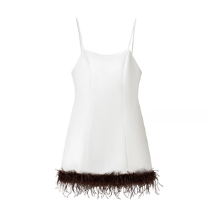 Sexy Backless Mini Dress Satin Polyester With Brown Feather Trim Sleeveless Adjustable Spaghetti Strap Party Clubwear