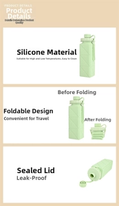 Detail of collapsible mint green silicone water bottle showing folded and unfolded states
