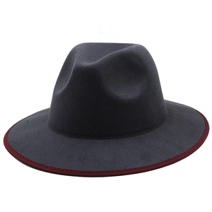 Chapeau fedora en laine gris foncé avec bordure bordeaux et couronne pincée élégante