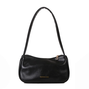 Classic black underarm bag in textured faux leather with gold zipper and shoulder strap