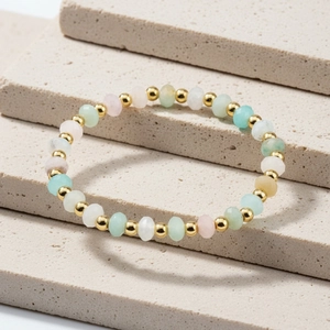 Detail view of 4mm Amazonite faceted beads and gold plated metal spacers on bracelet