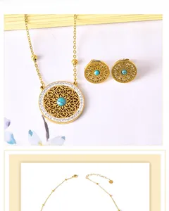 Detail view of gold mandala jewelry set with turquoise beads and crystal accents