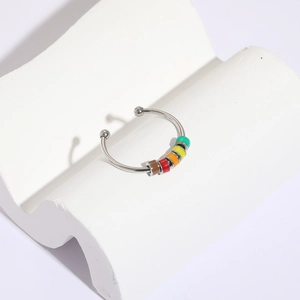 Adjustable 14k white gold plated ring with six colorful enamel beads on a white stand