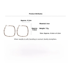 Detailed view of geometric twisted square hoop earrings with 4.6cm x 4.2cm dimensions