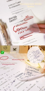 Detail view of transparent PET sticky notes showing waterproof writing and clear surface