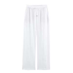 Women's white linen blend wide-leg casual pants with drawstring waist for summer