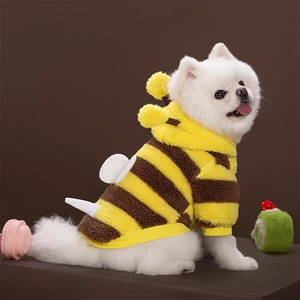 Detail of bee-themed dog hoodie with yellow stripes, plush wings, and antennae on Pomeranian