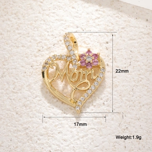 Detailed view of heart-shaped Mom pendant with pink zircons and size specifications