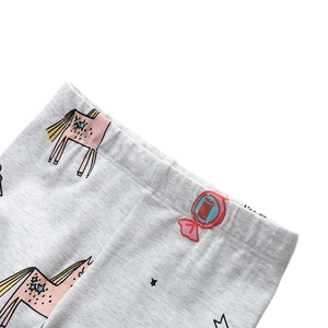Light gray cotton girls leggings with unicorn candy prints and elastic waist