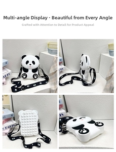 Detail view of panda silicone purse with pop-it fidget back and adjustable strap