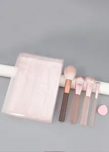 Detailed view of 5-piece makeup brush set including pink puff in a clear gift box