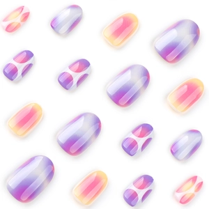 Short round gradient press-on nails in purple, blue, and orange with glossy finish