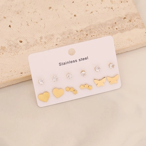 Set of 6 pairs stainless steel butterfly heart stud earrings with sparkling crystals