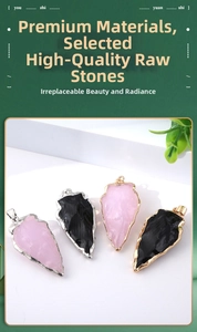 Detailed view of arrow-shaped crystal pendants in pink and black with metallic edges