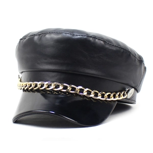 Newsboy Cap Women PU Leather Navy Hat With Metal Chain Fashion Peaked Beret Flat Top Outdoor