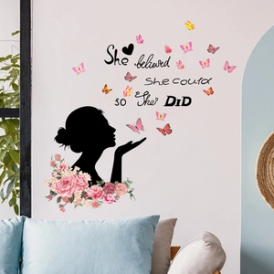 Girl and butterfly wall decal with She Believed She Could motivational quote for room decor