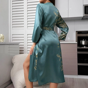 Ice silk cherry print bath robe for women with elegant long sleeves and satin waist tie belt