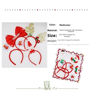 Detail showing Christmas headband set with red bow, gold antlers, and Santa snowman decor