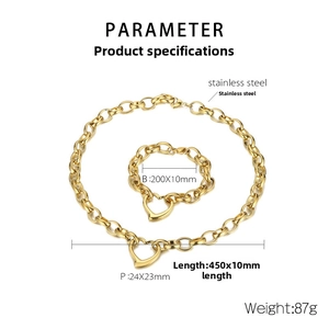 Detailed parameter view of gold stainless steel necklace and bracelet set with heart charms