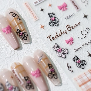 3D embossed nail art stickers featuring teddy bears and stars on pink translucent nails