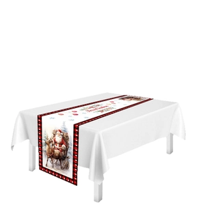 Christmas table runner with Santa sleigh and reindeer motifs on white wood table