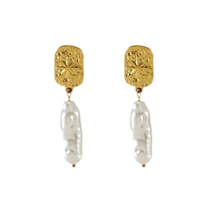 Vintage stainless steel pearl drop earrings with hammered gold star pattern finish